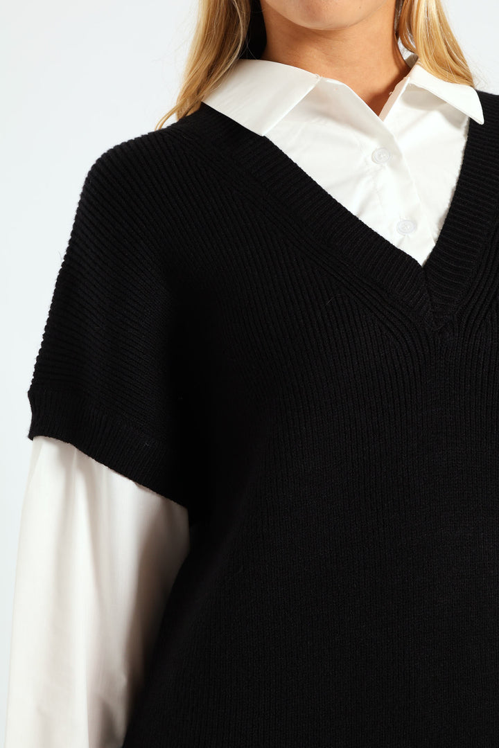 Long Sleeve Short Length Dress - Black/White