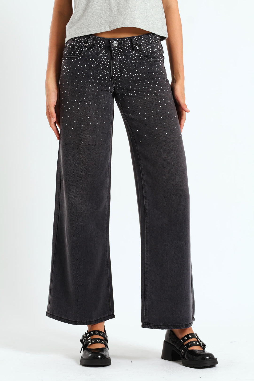 Rhinestone Low-Rise Baggy Jeans - Black