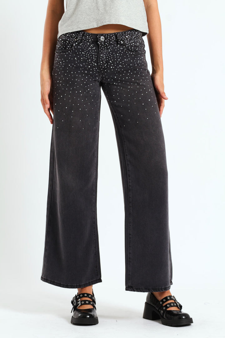 Rhinestone Low-Rise Baggy Jeans - Black
