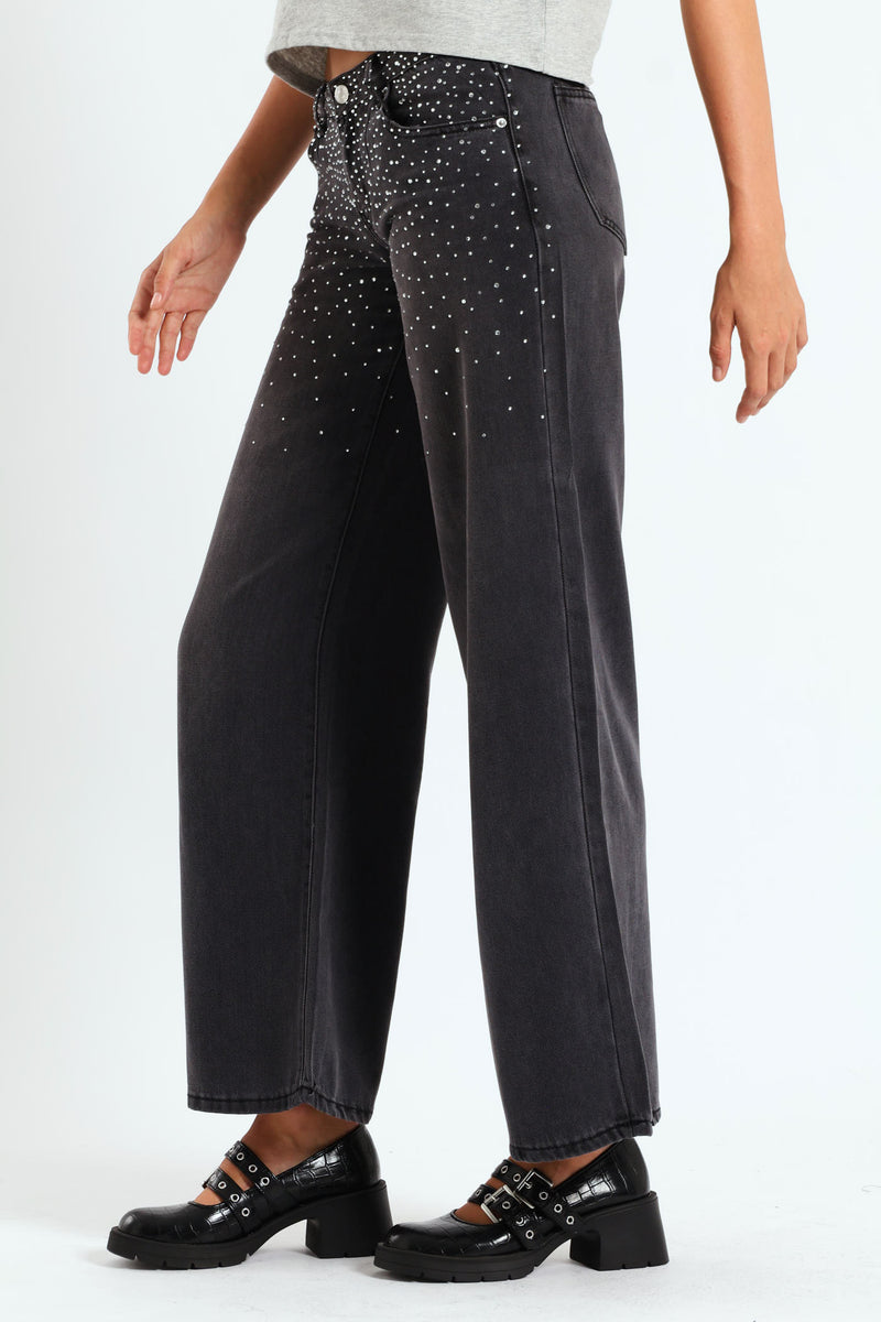 Rhinestone Low-Rise Baggy Jeans - Black