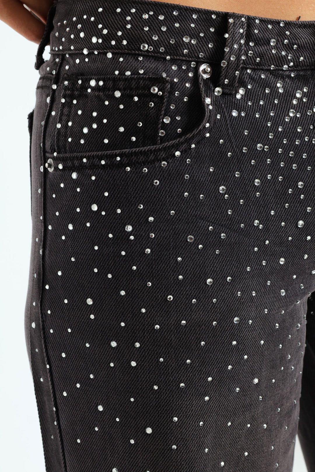 Rhinestone Low-Rise Baggy Jeans - Black
