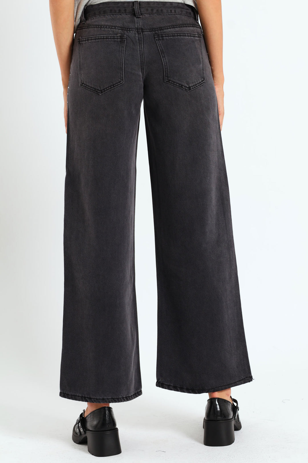 Rhinestone Low-Rise Baggy Jeans - Black