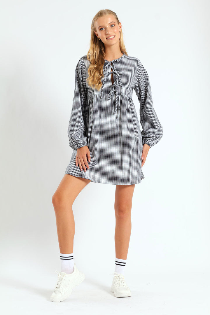 Long Sleeve Gingham Bow Mini Dress - Black/White