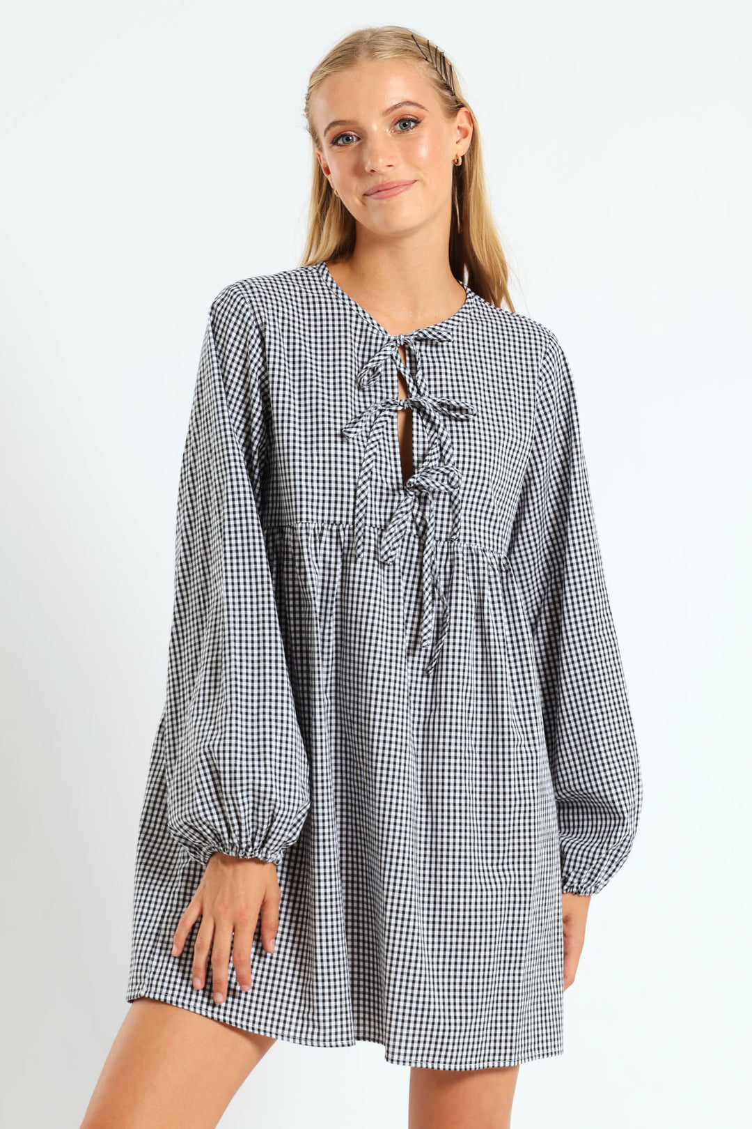 Long Sleeve Gingham Bow Mini Dress - Black/White