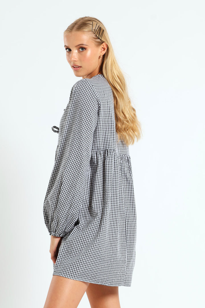 Long Sleeve Gingham Bow Mini Dress - Black/White