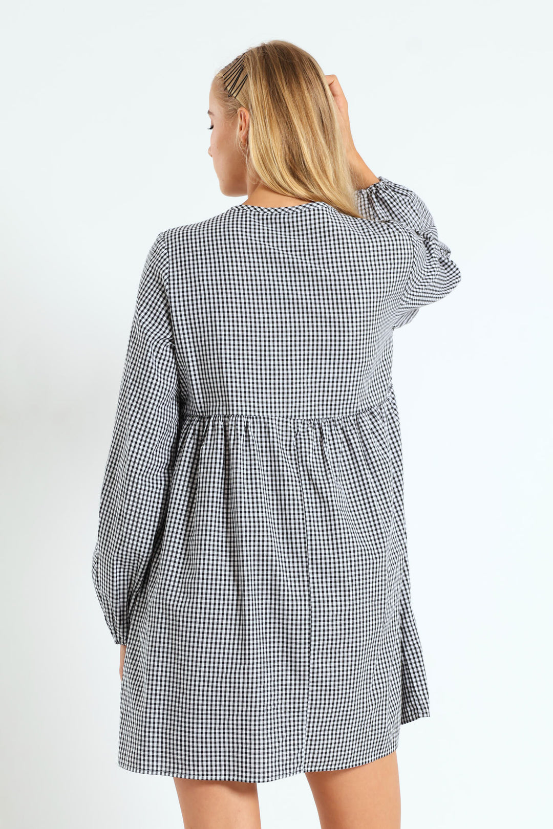 Long Sleeve Gingham Bow Mini Dress - Black/White