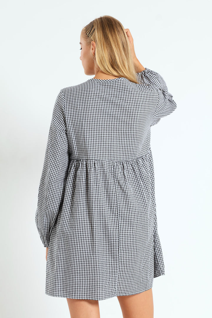 Long Sleeve Gingham Bow Mini Dress - Black/White
