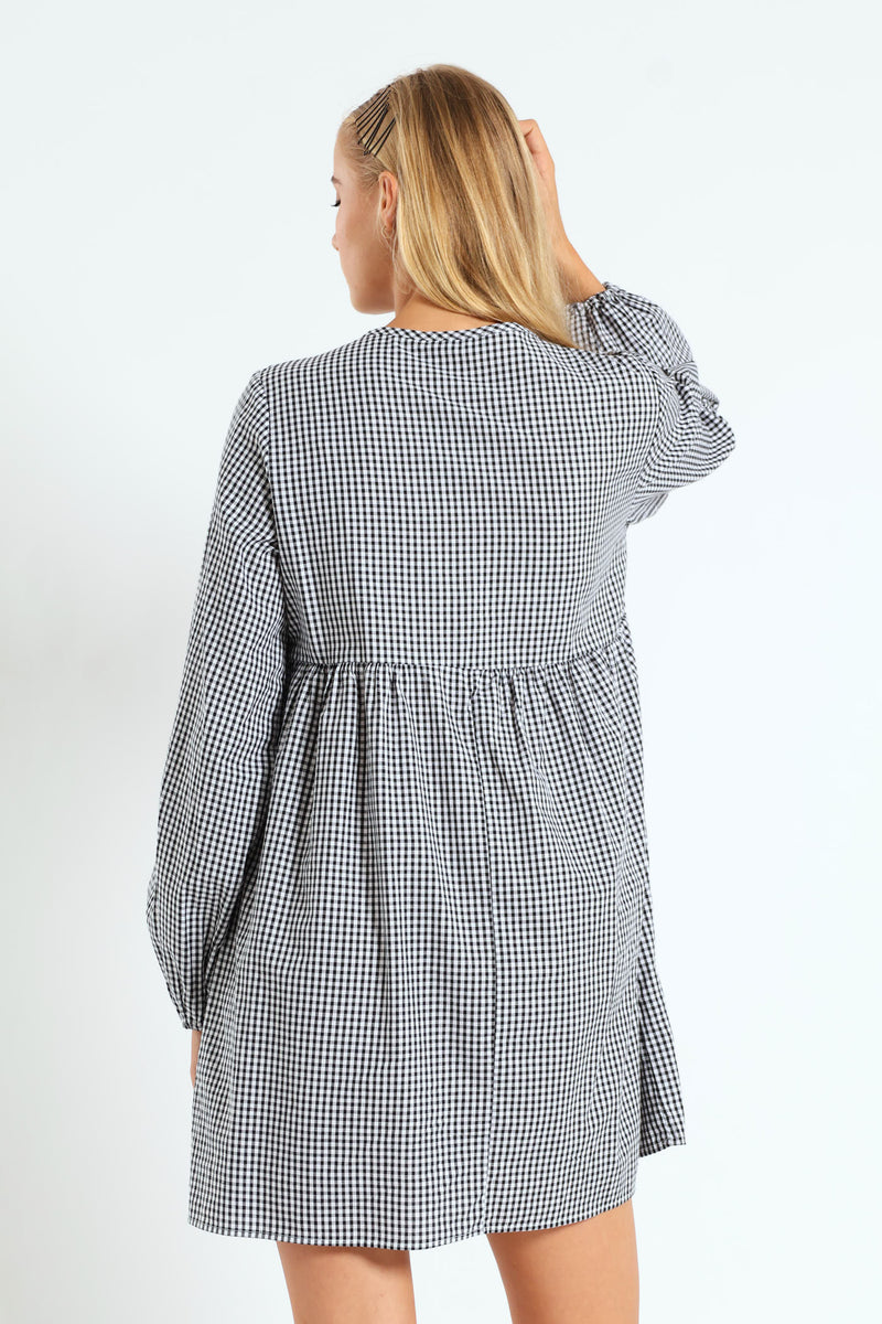 Long Sleeve Gingham Bow Mini Dress - Black/White