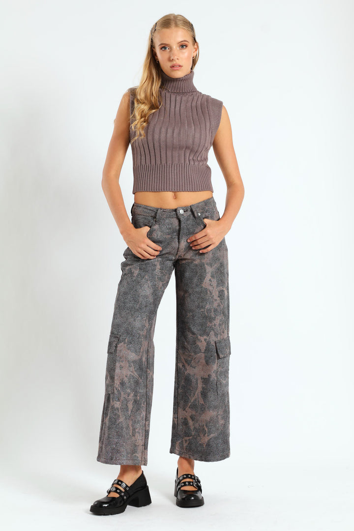Rhinestone Mid-Rise Cargo Pants - Brown