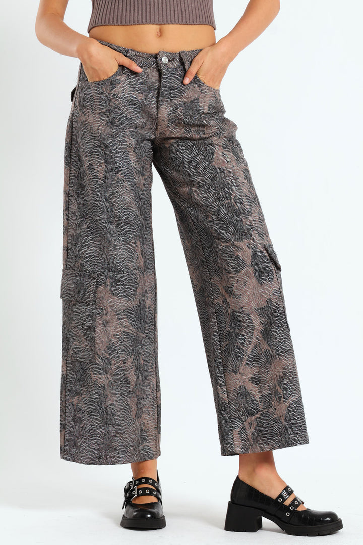 Rhinestone Mid-Rise Cargo Pants - Brown