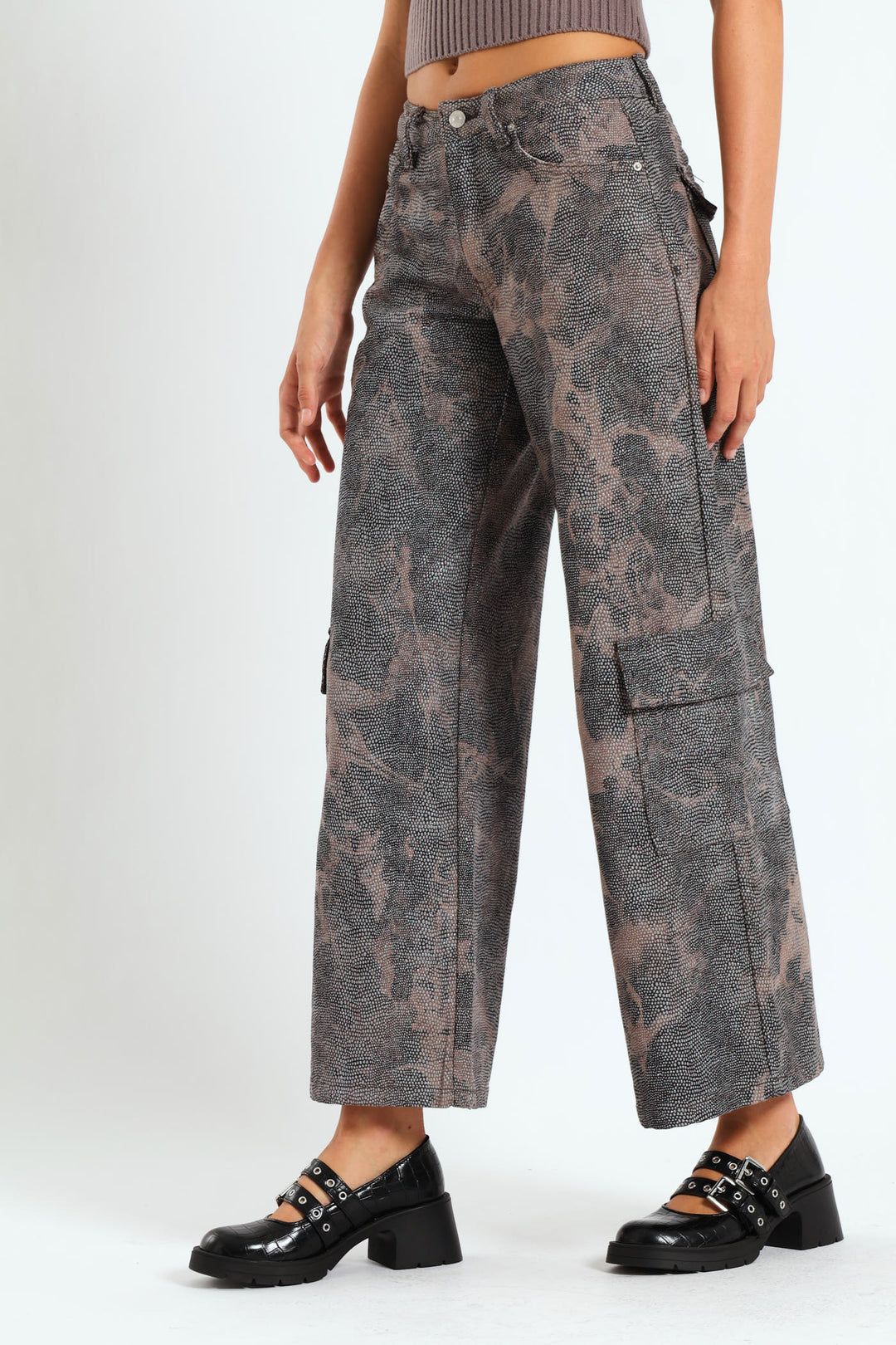 Rhinestone Mid-Rise Cargo Pants - Brown