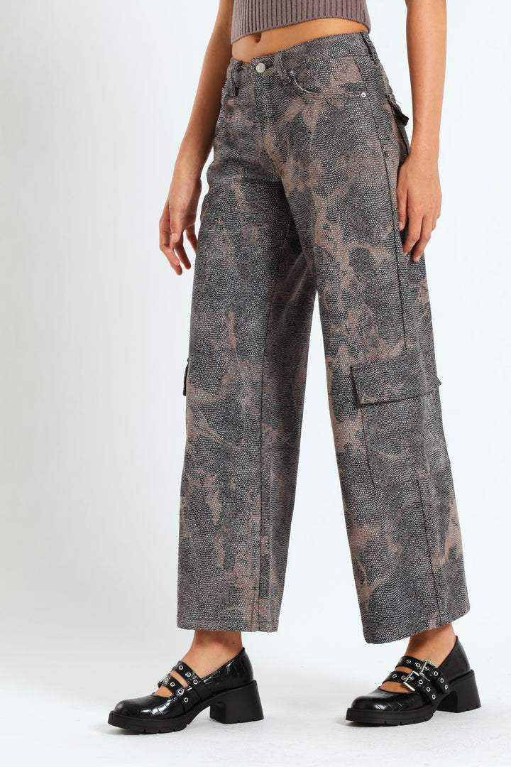 Rhinestone Mid-Rise Cargo Pants - Brown