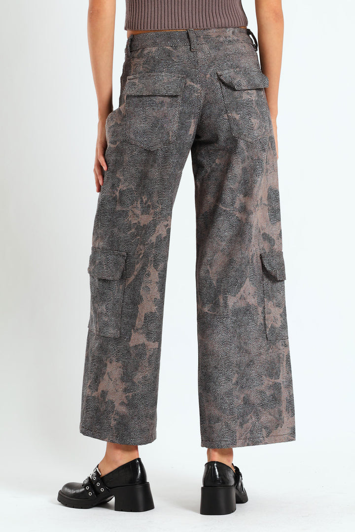 Rhinestone Mid-Rise Cargo Pants - Brown