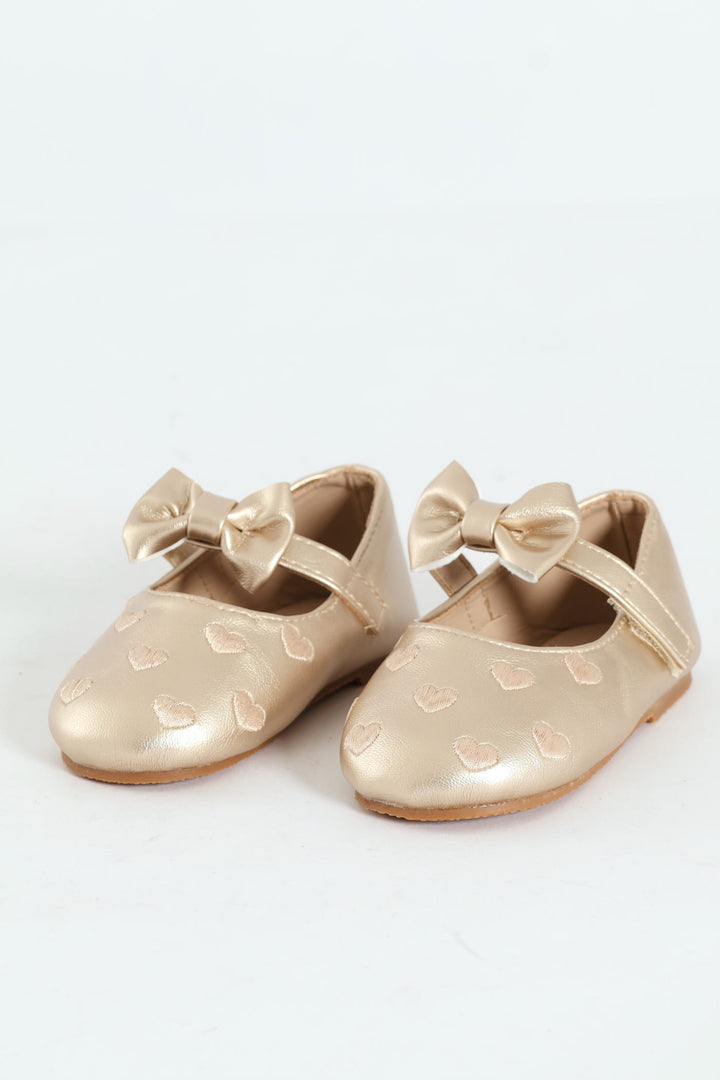 Baby Girls Bow & Embroidered Hearts Pump - Matte Gold