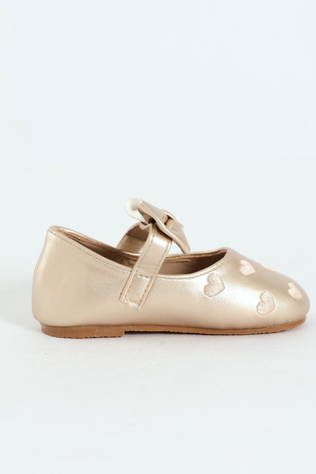 Baby Girls Bow & Embroidered Hearts Pump - Matte Gold