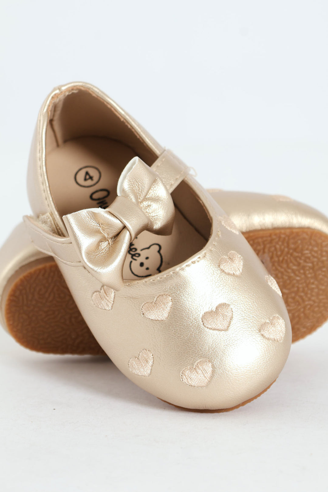 Baby Girls Bow & Embroidered Hearts Pump - Matte Gold