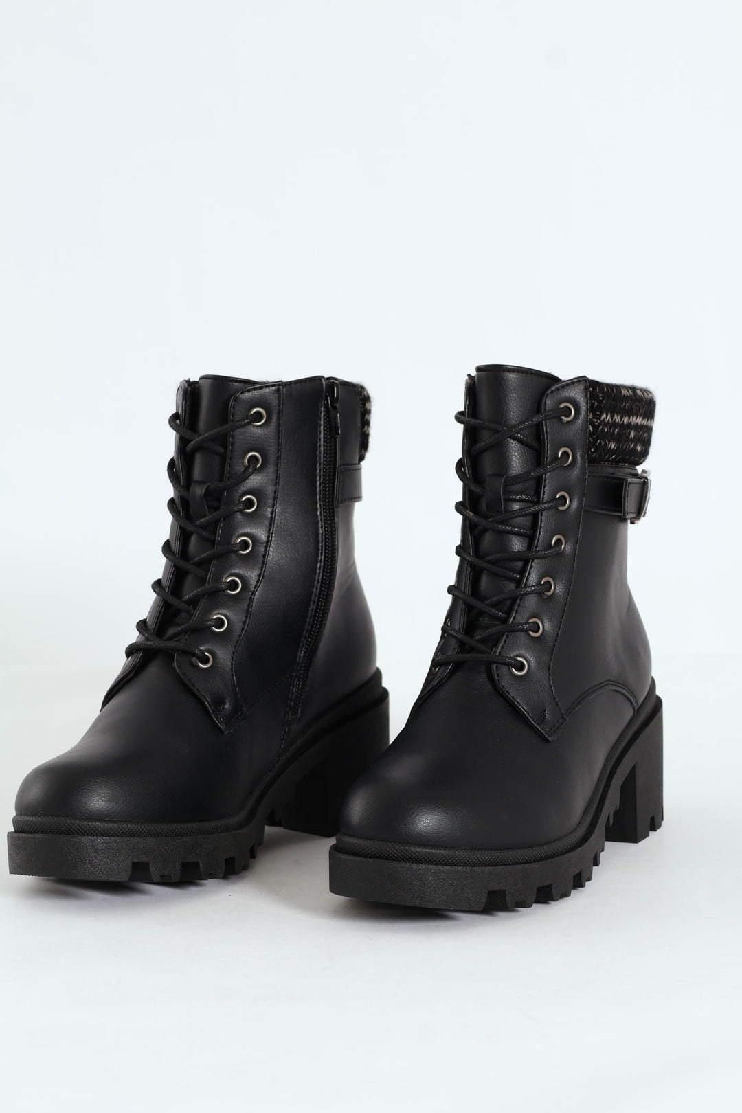 Chunky Military Boot With Sock Detail & Buckle Trim - Black