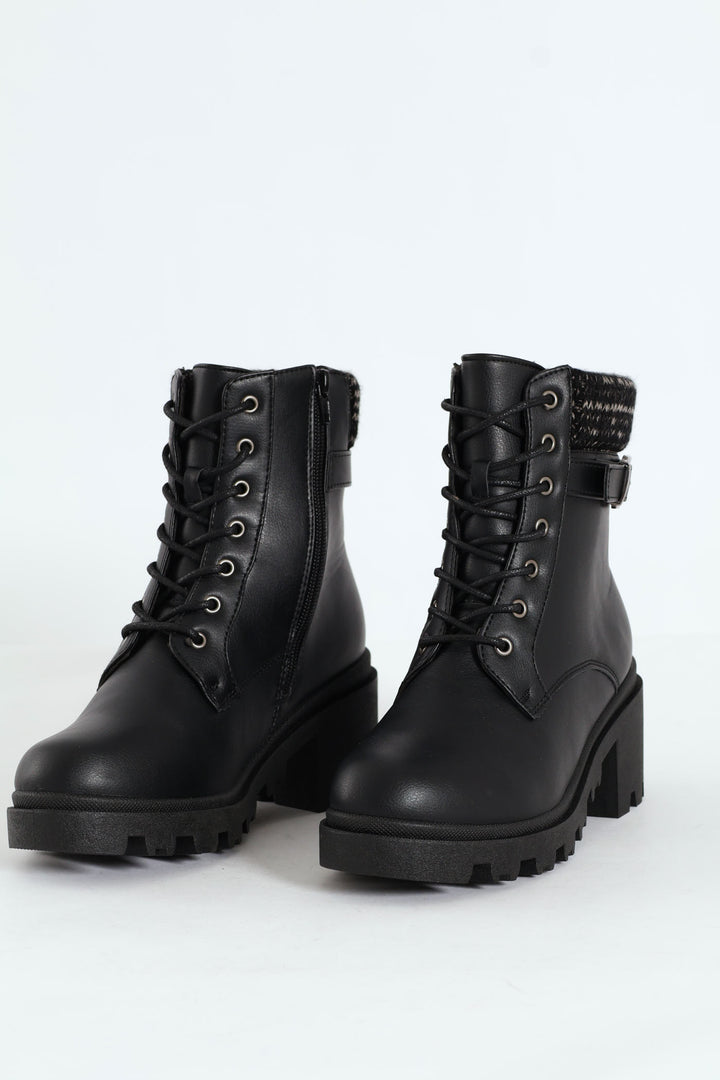 Chunky Military Boot With Sock Detail & Buckle Trim - Black