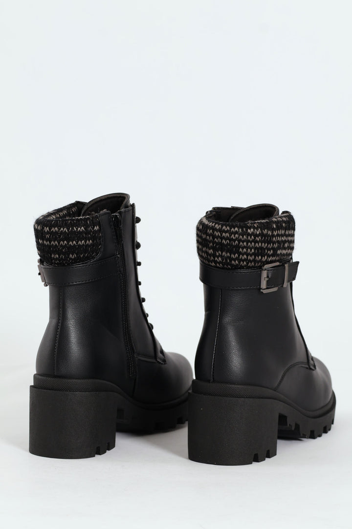 Chunky Military Boot With Sock Detail & Buckle Trim - Black
