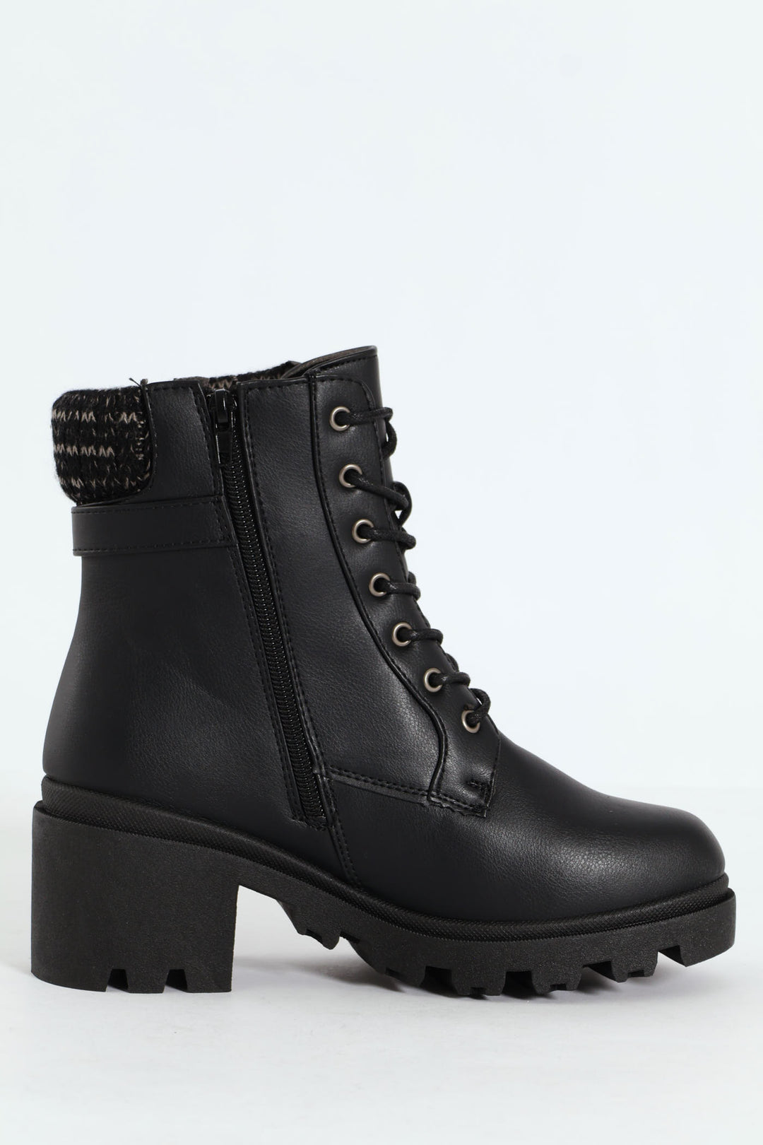 Chunky Military Boot With Sock Detail & Buckle Trim - Black