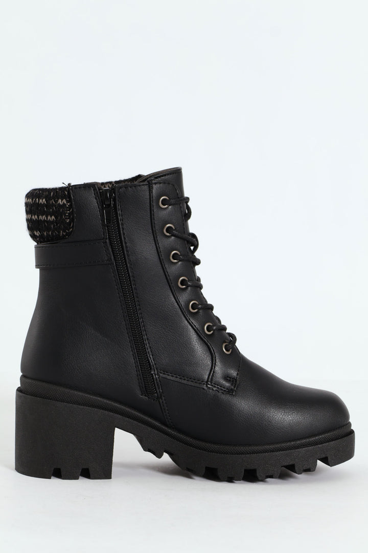Chunky Military Boot With Sock Detail & Buckle Trim - Black