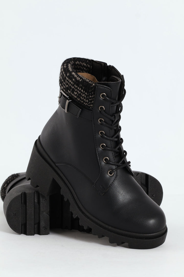 Chunky Military Boot With Sock Detail & Buckle Trim - Black