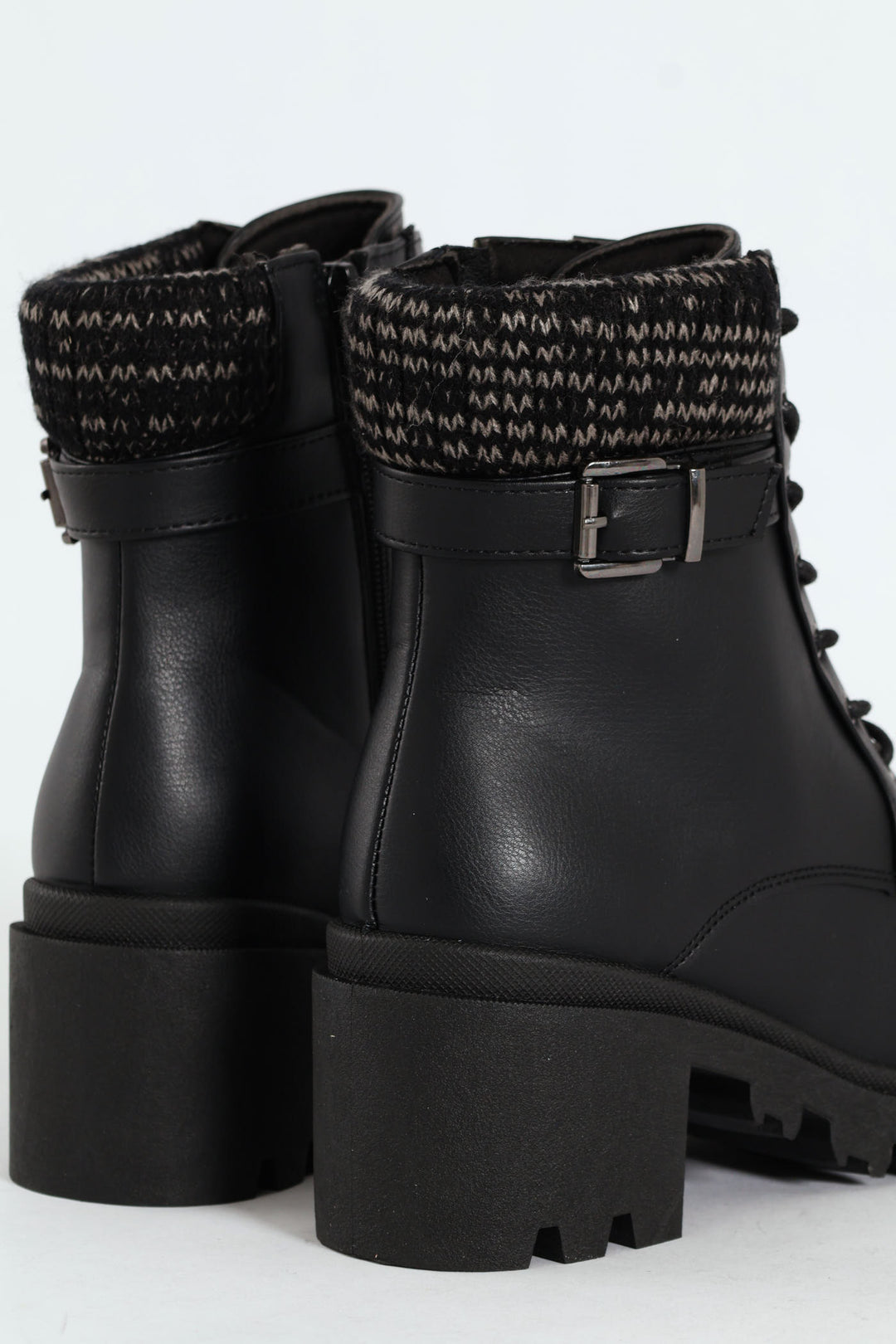 Chunky Military Boot With Sock Detail & Buckle Trim - Black
