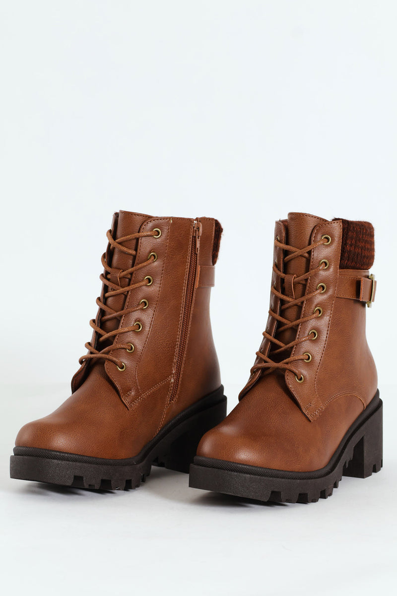 Chunky Military Boot With Sock Detail & Buckle Trim -Tan