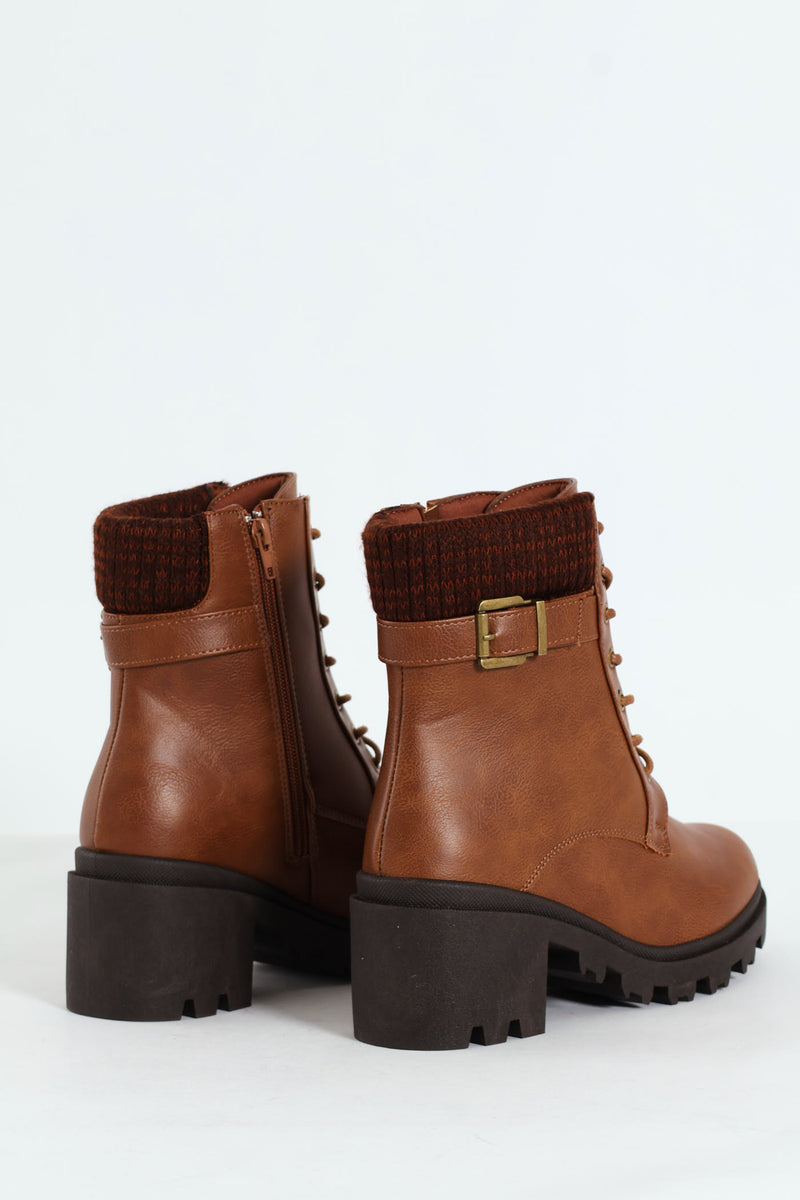 Chunky Military Boot With Sock Detail & Buckle Trim -Tan