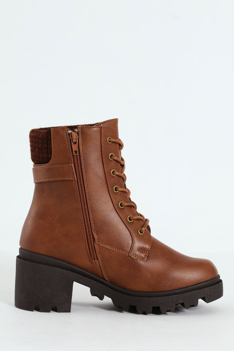 Chunky Military Boot With Sock Detail & Buckle Trim -Tan