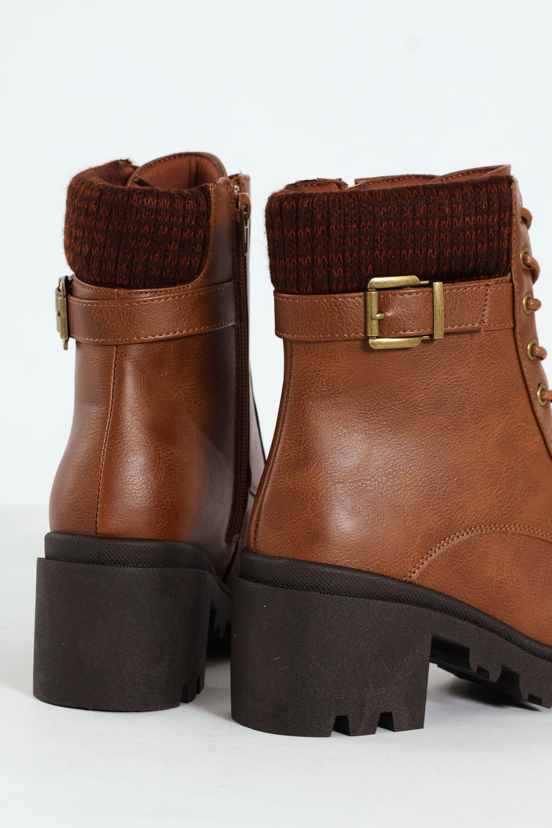 Chunky Military Boot With Sock Detail & Buckle Trim -Tan