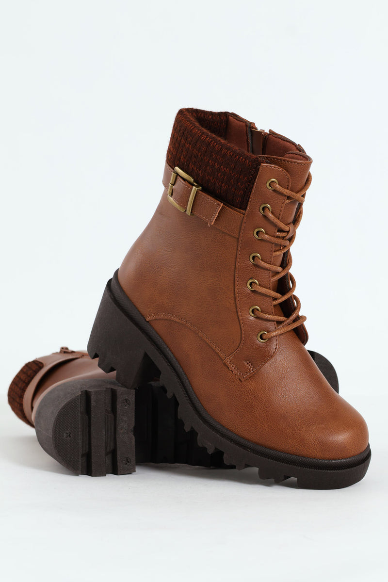 Chunky Military Boot With Sock Detail & Buckle Trim -Tan