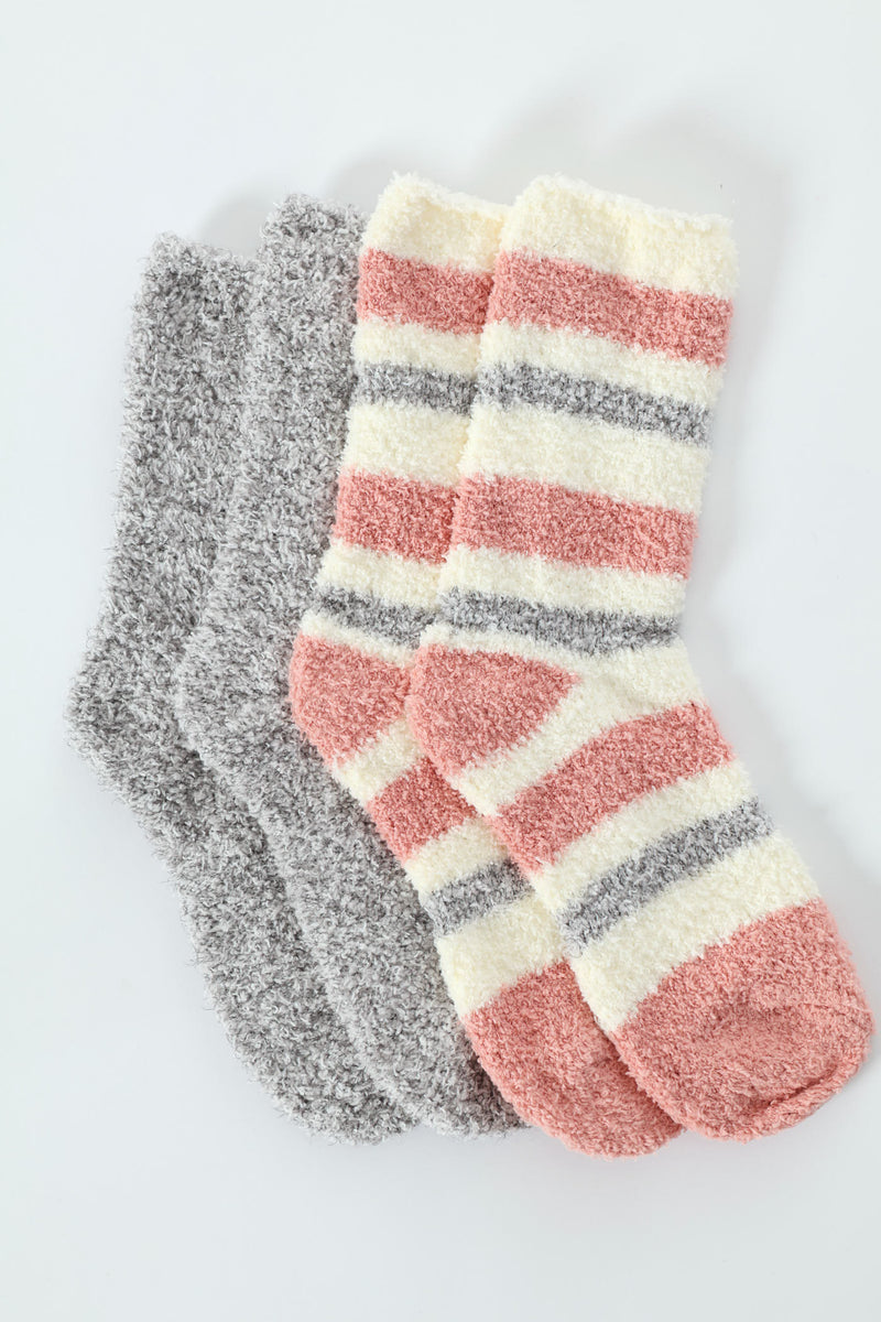 2 Pack Cosy Stripe Socks - Grey/Pink