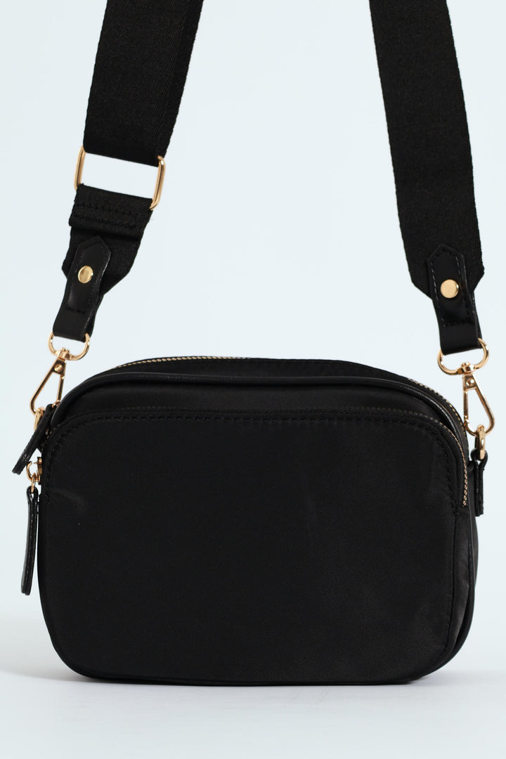 Nylon Gold Zip Camera Bag - Black