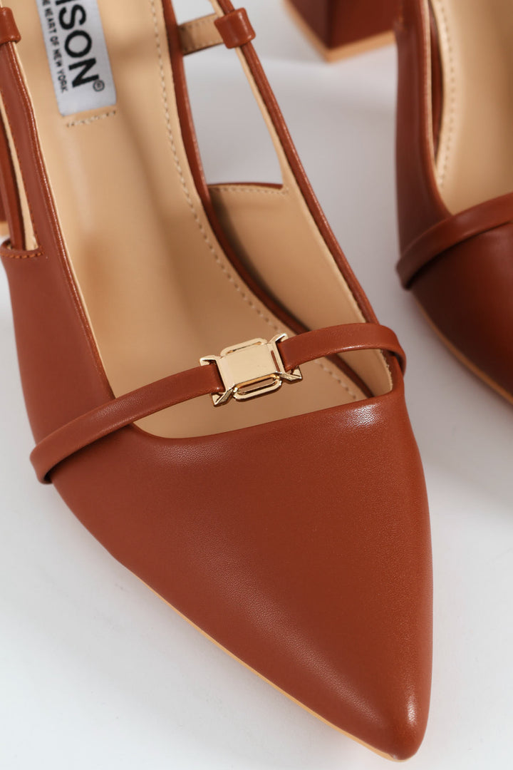 Pointed Toe Block Slingback Heel - Tan