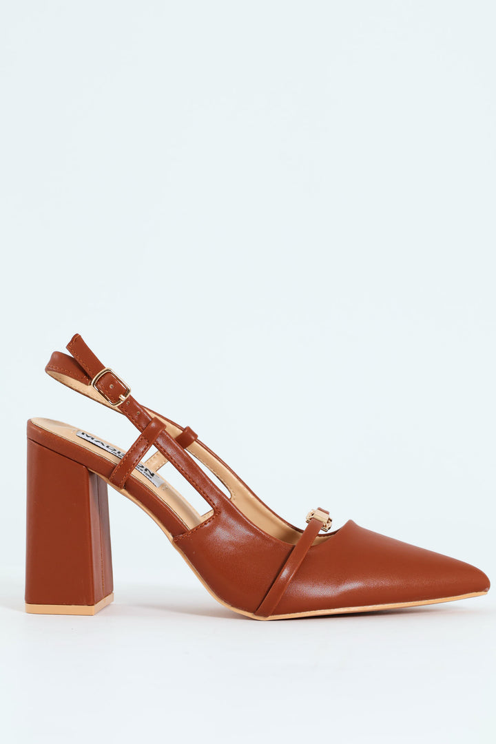 Pointed Toe Block Slingback Heel - Tan