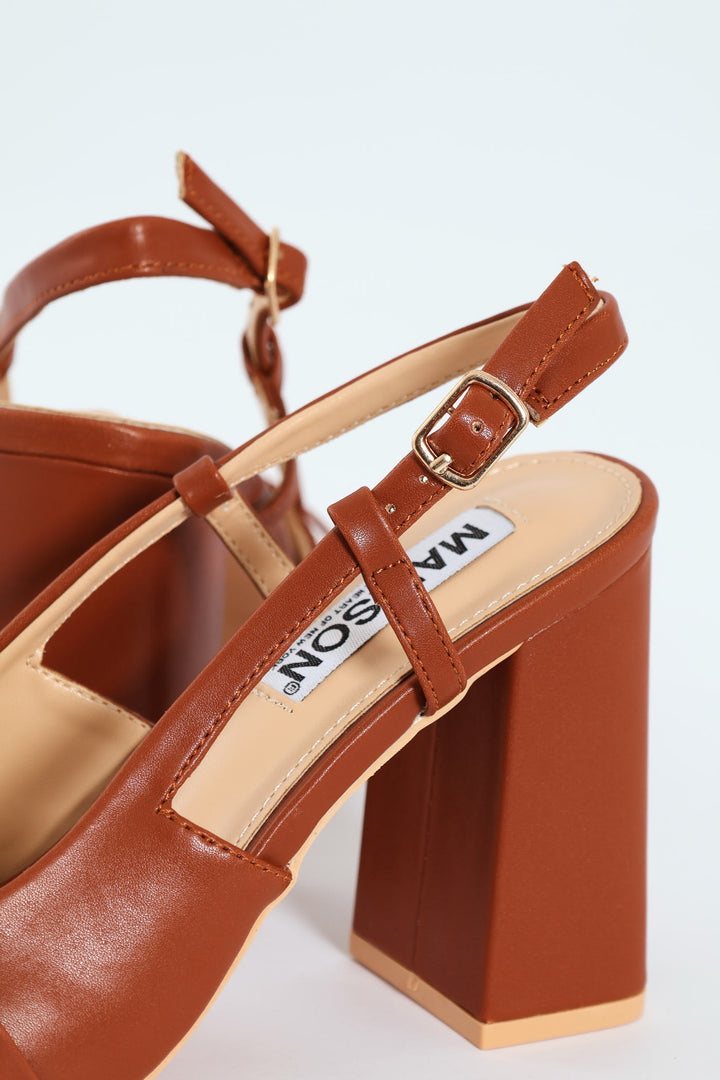 Pointed Toe Block Slingback Heel - Tan