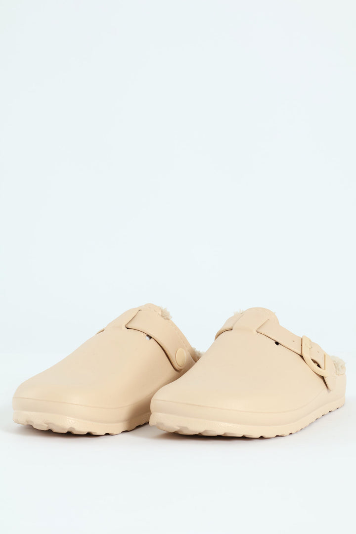 Desi Fur Lined Buckle Slip On Mule - Natural
