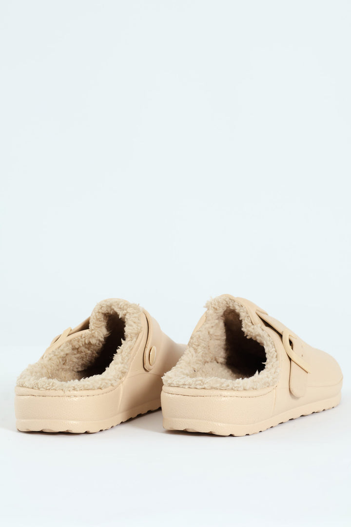 Desi Fur Lined Buckle Slip On Mule - Natural