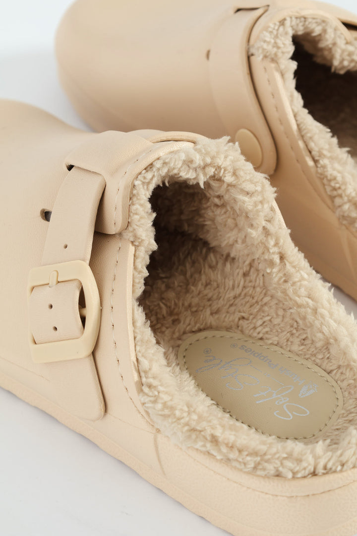 Desi Fur Lined Buckle Slip On Mule - Natural