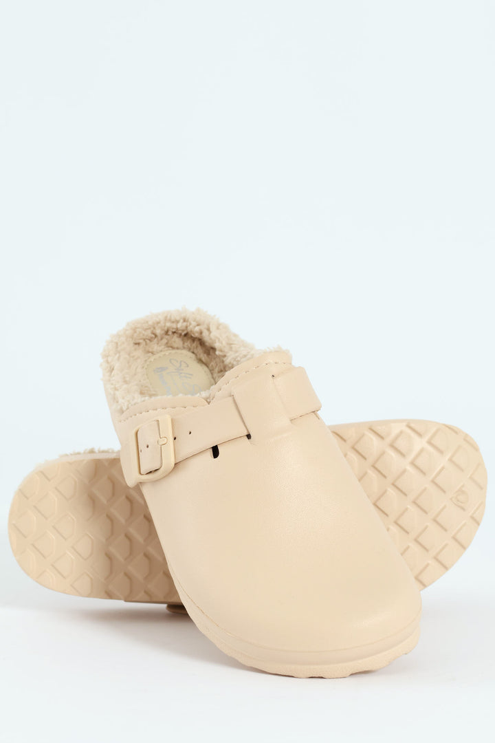 Desi Fur Lined Buckle Slip On Mule - Natural