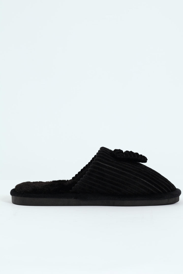 Corduroy Closed Toe Slipper With Bow Detail - Black