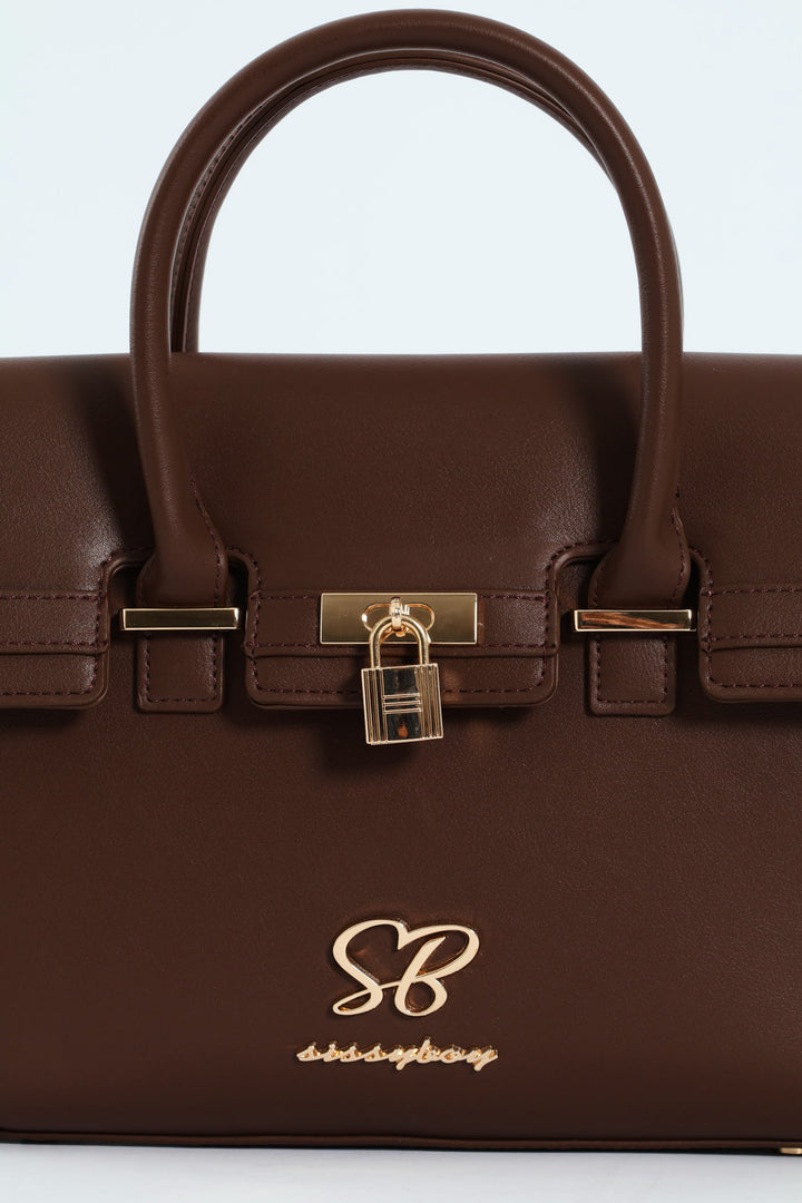 Handbag With Lock Detail - Chocolate