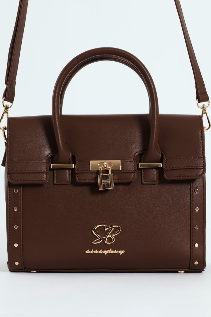 Handbag With Lock Detail - Chocolate