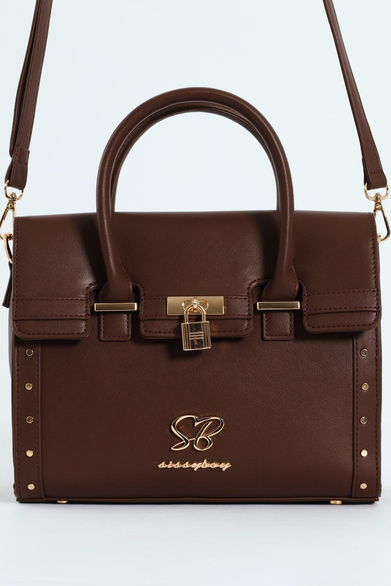 Handbag With Lock Detail - Chocolate
