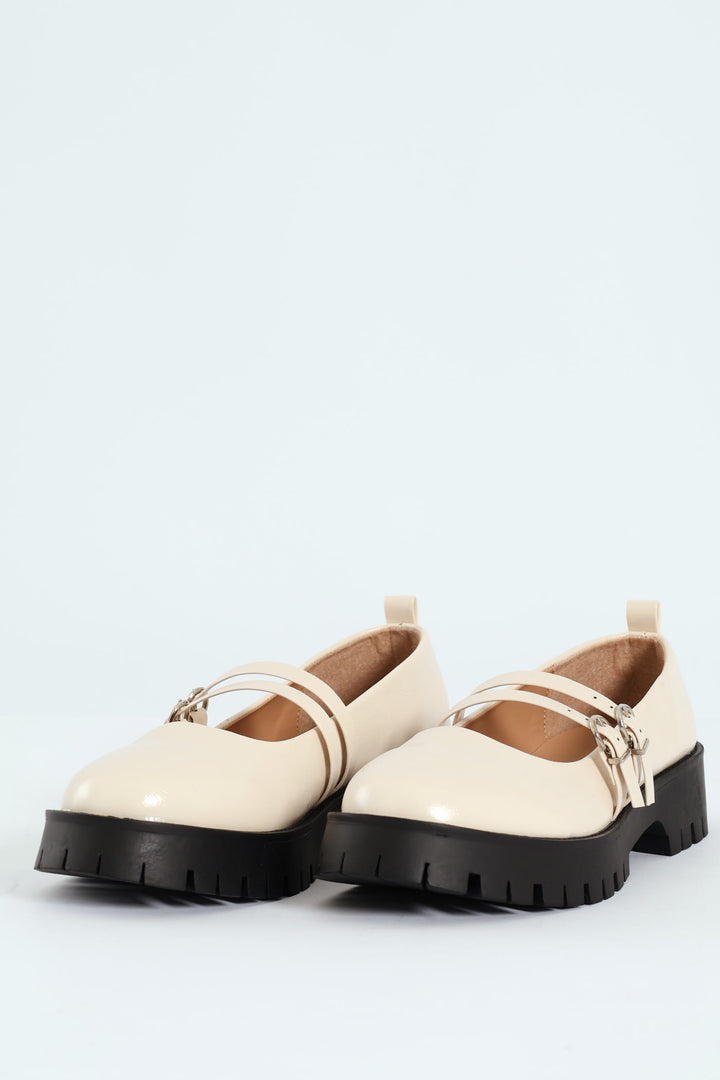 Chunky Double Strap Patent Mary Jane Loafer - Cream