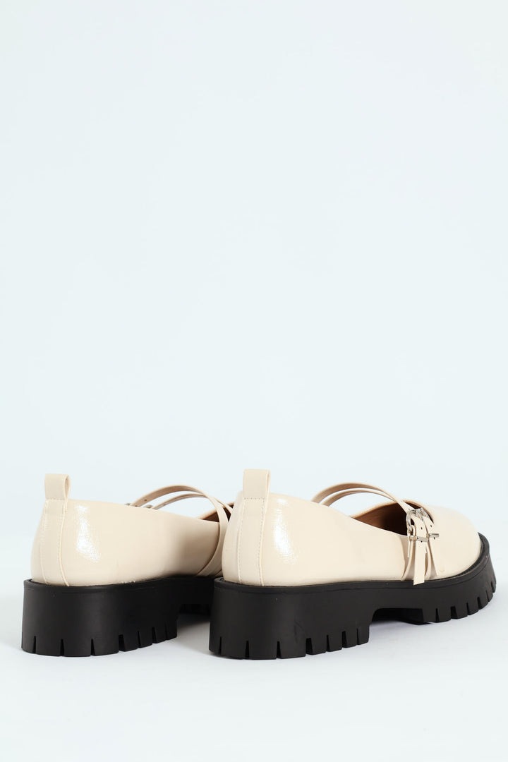 Chunky Double Strap Patent Mary Jane Loafer - Cream