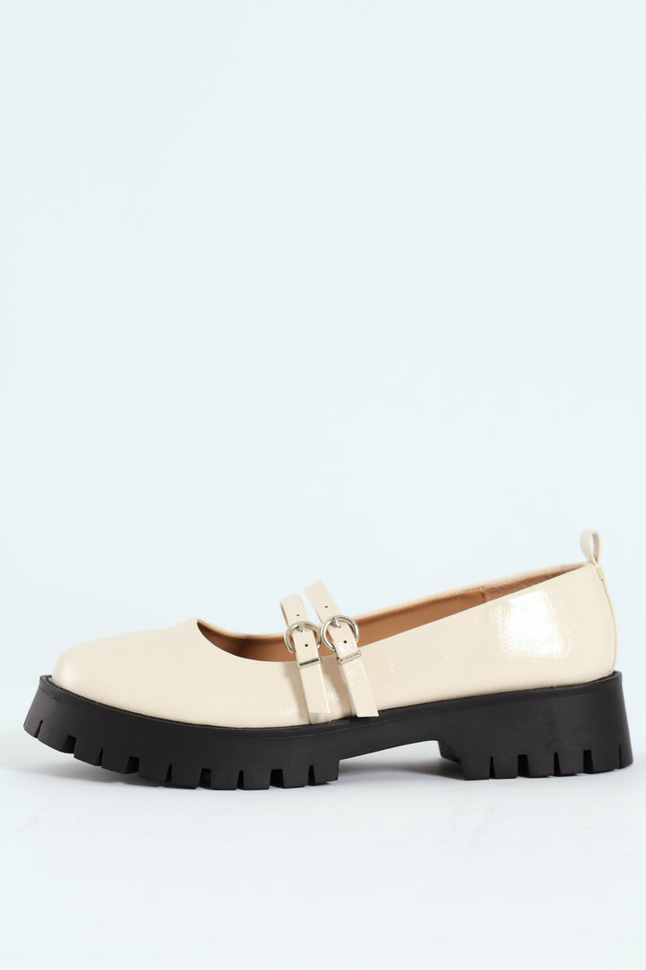 Chunky Double Strap Patent Mary Jane Loafer - Cream