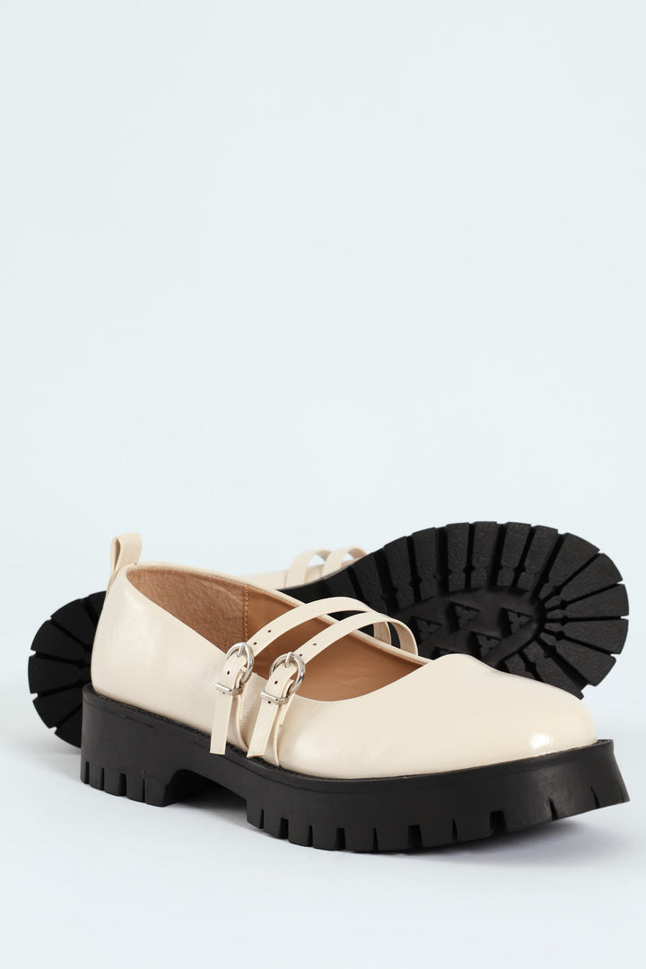 Chunky Double Strap Patent Mary Jane Loafer - Cream