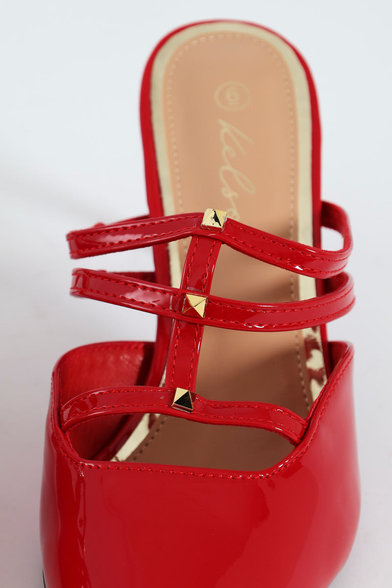Multi Strap Pointy Mule Heel - Red